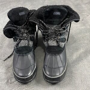 Khombu Duck Boots Women Size 10 Black Gray Faux Fur Lined Lace Up Steel Shank